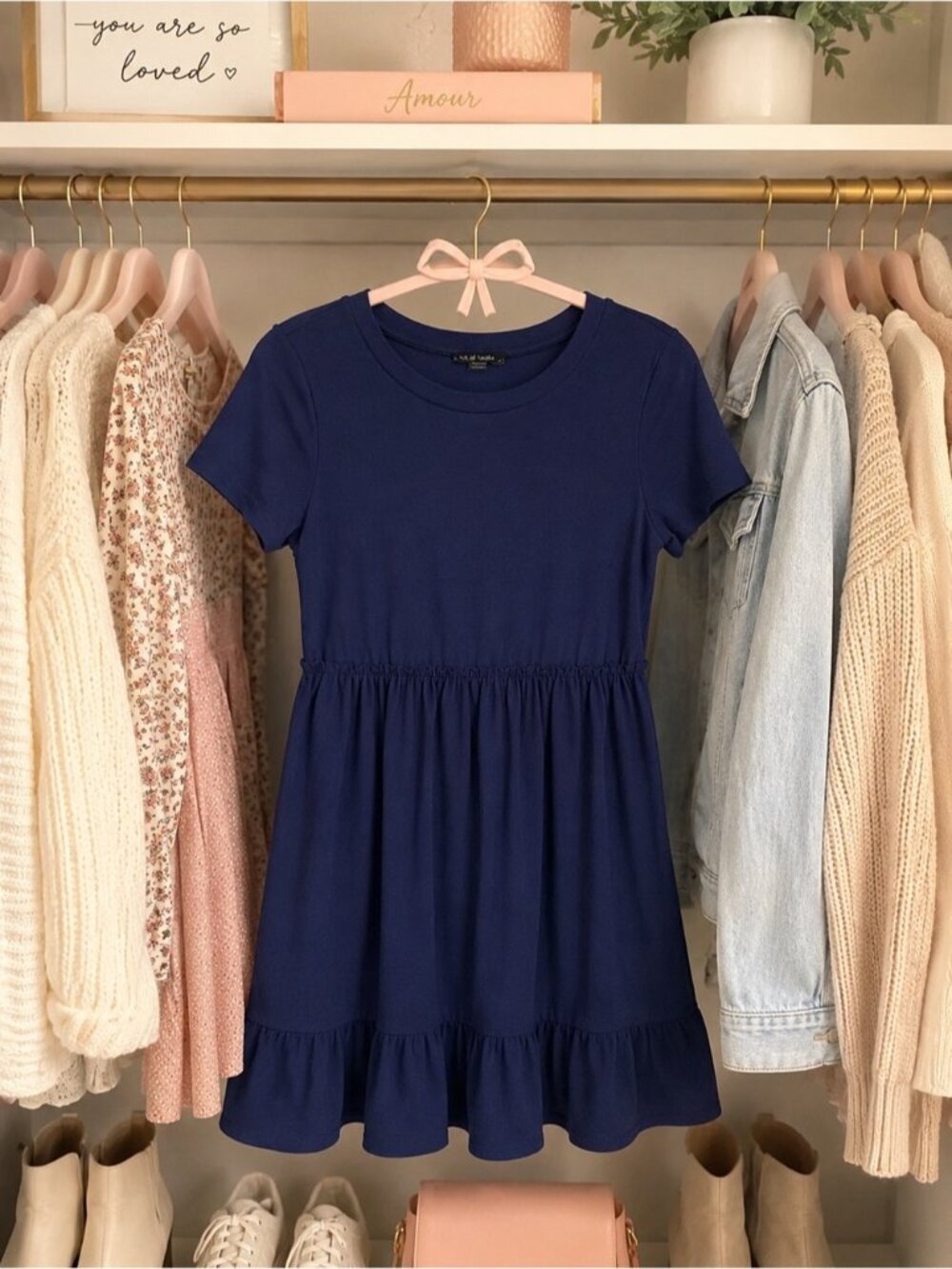 Classic Navy Short Sleeve Tiered Mini Dress — - Picture 2 of 3